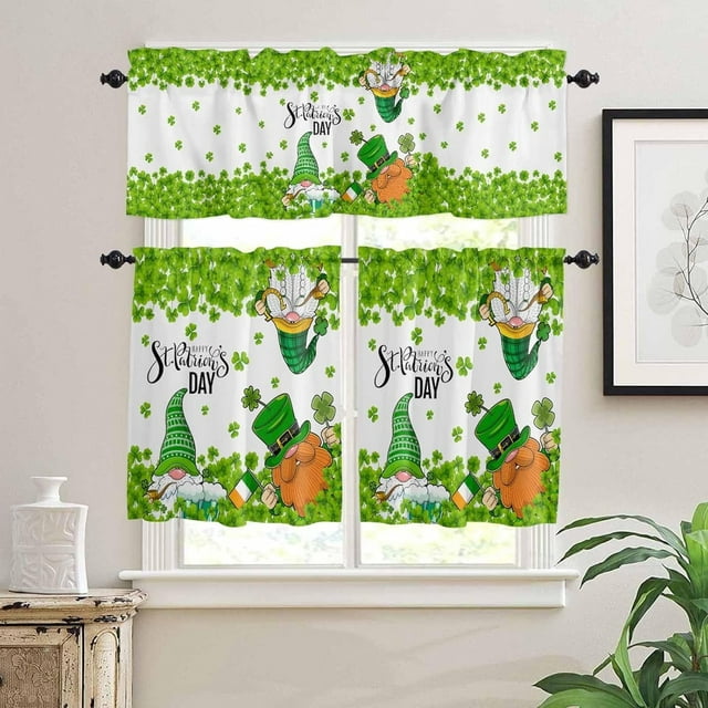 Happy St. Patrick''s Day Kitchen Curtain Valance and Tiers 3 Piece Set,Dwarf Rod Pocket Valances,Lucky Clover Privacy Tier Curtains,Spring Plant Light Filtering Window Treatment for Bathroom Bedroom