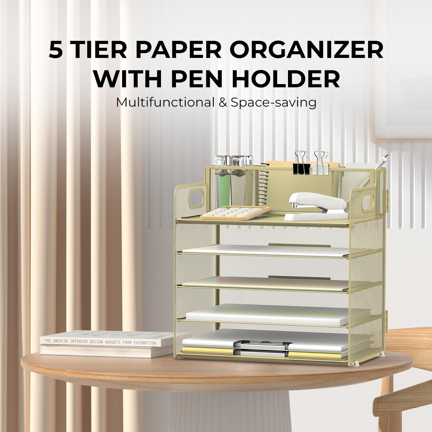 INTIGE 5-Tier Desk Organizer with 3 Pen Holders, Letter Paper Tray, File Holder with Handle
