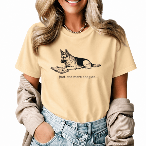 Giffimy Women's Apricot German Shepherd Reading Dog Just One More Chapter Graphic Short Sleeve T-shirt Book Lover Daily Tee