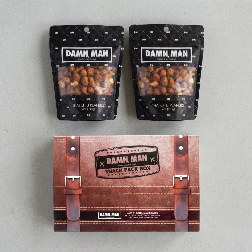 Damn, Man Thai Chili Peanuts Snack Pack Gift Box - 4 Bags Gourmet Nuts - 4 oz. Each - 1 lb Total
