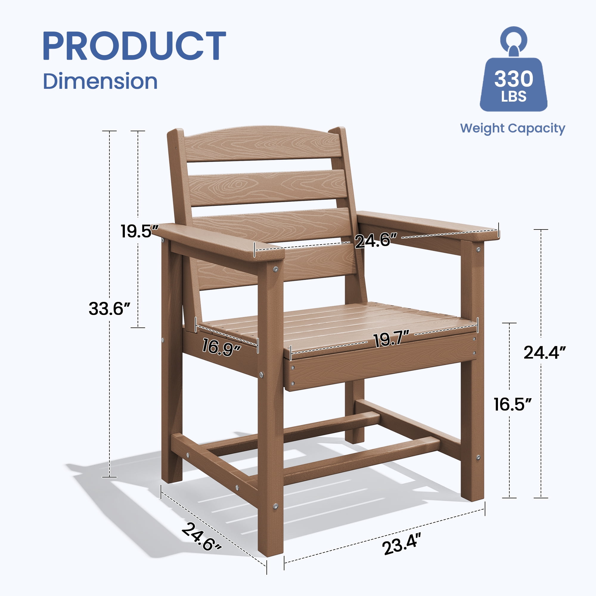 KINGYES All Weather Outdoor Dining Chairs Set of 2, HDPE Oversized Patio Chairs, Brown
