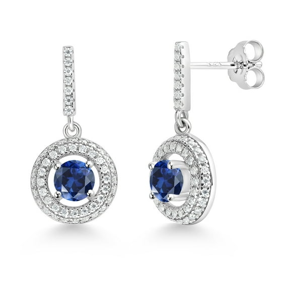 Gem Stone King 925 Sterling Silver Blue Created Sapphire and White Moissanite Dangle Earrings for Women (1.71 Cttw, Round 5MM)