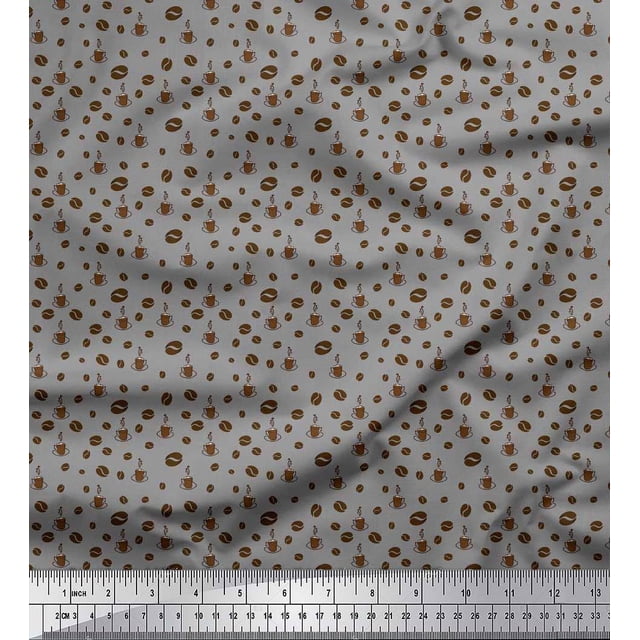 Soimoi Poly Georgette Fabric Coffee Beans & Coffee Beverages Printed Fabric 1 Yard 52 Inch Wide