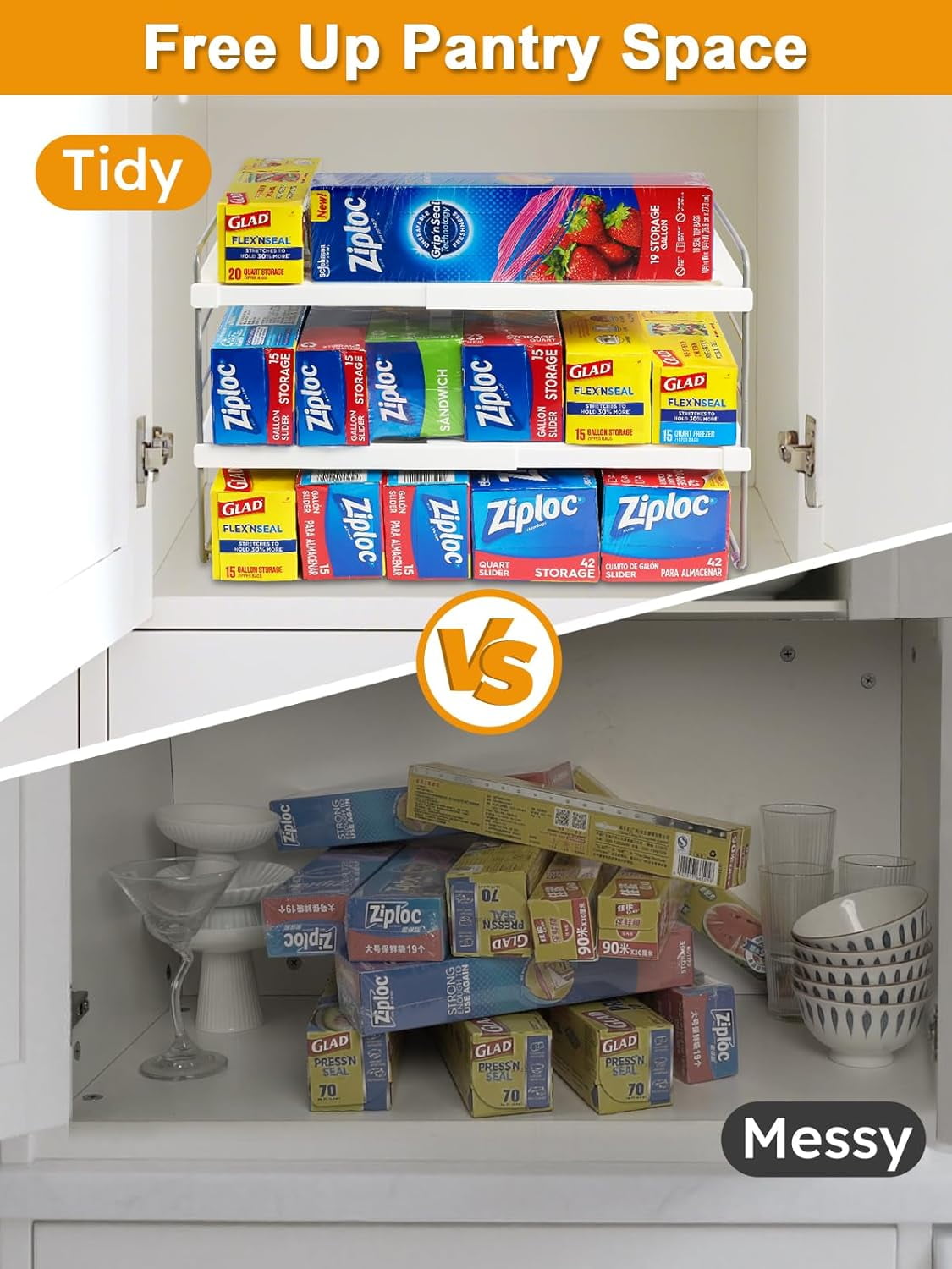 Foil and Plastic Wrap Organizer, Expandable Kitchen Pantry Storage, Height Adjustable Cabinet Rack for Kitchen Organization, Aluminum Foil -3 Tier 9.8" to 15.6"L