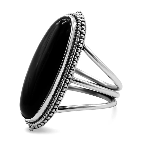 Black Onyx Statement Silver Plated  Ring, Handcrafted Bezel Setting, Oval Cabochon,