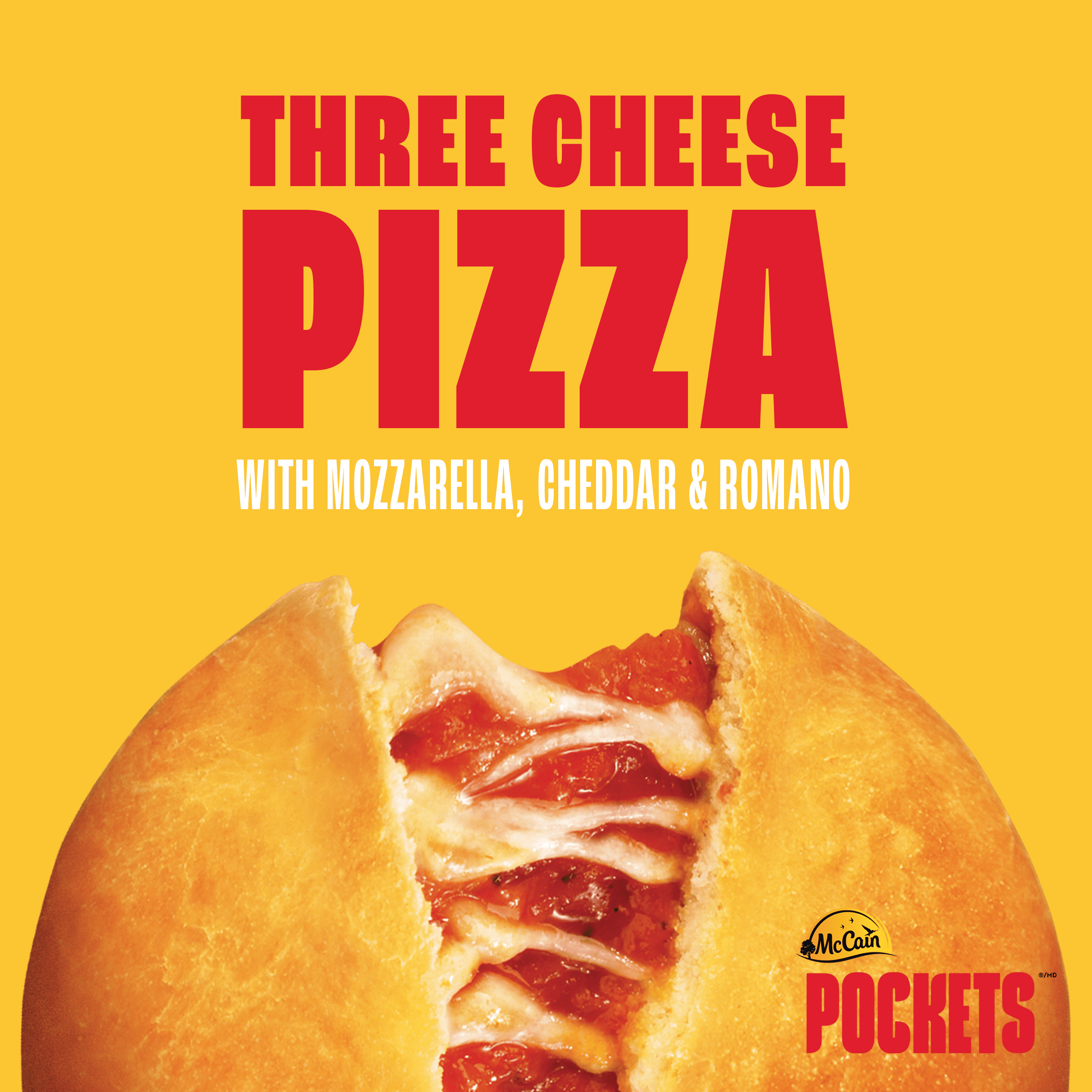 McCain® Pizza Pockets® Three Cheese, Made in Canada from domestic and imported ingredients, 3 x 100g
