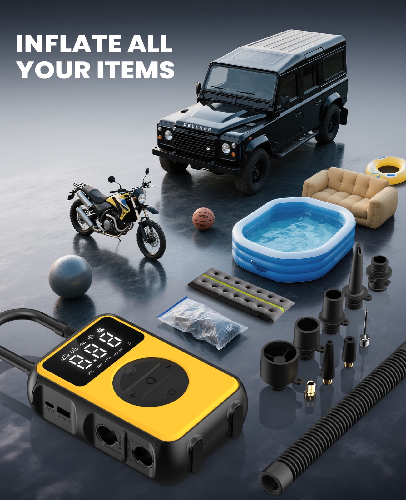 OSAIV 150PSI Tire Inflator & Air Compressor - Dual Mode (150PSI High Pressure / 4.0kPa Volume) for Car Tires, Bikes, Air Mattress, Inflatables - Fast Inflation Portable Pump