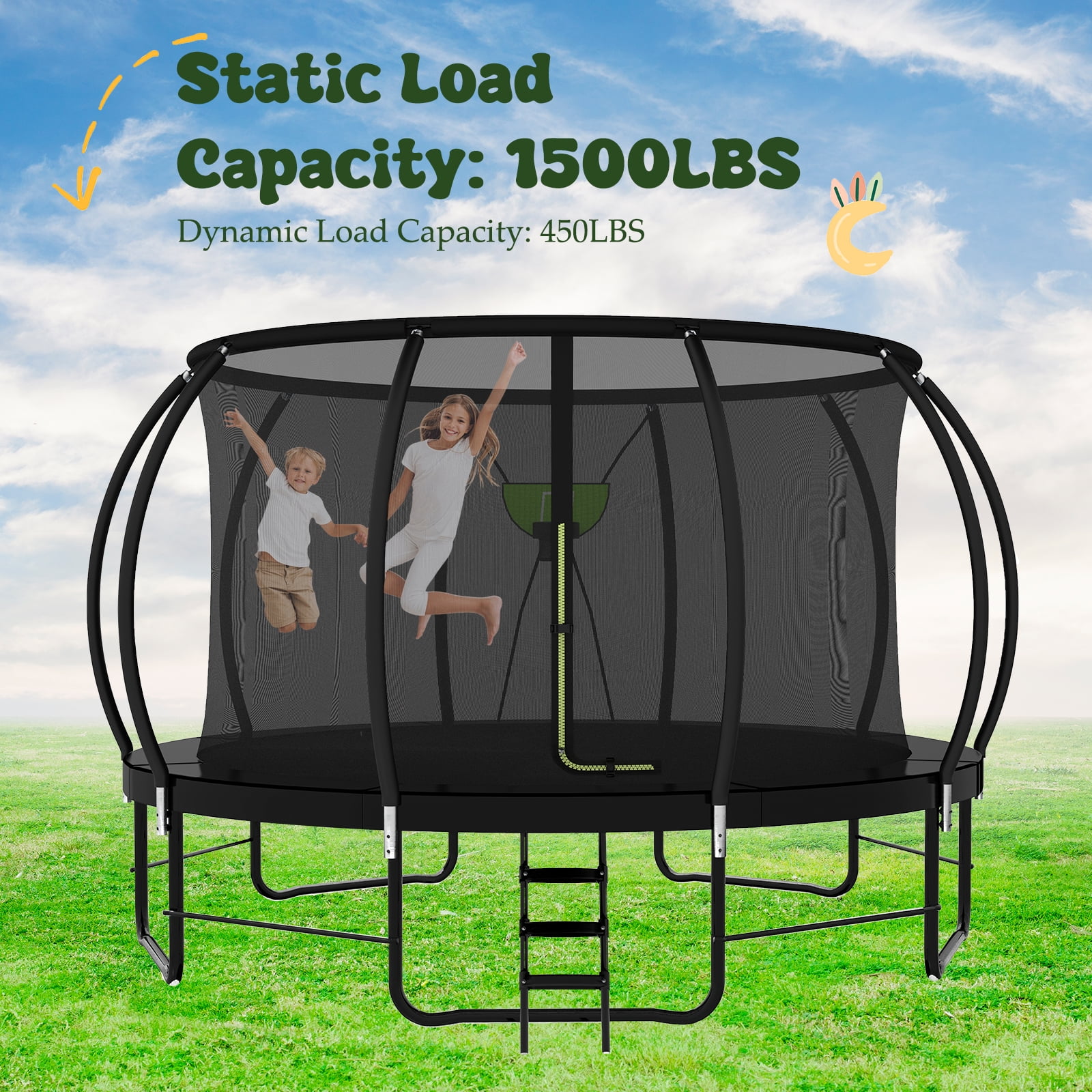 DVH Outdoor Trampoline 16FT with Enclosure and Ladder,  Recreational Trampoline with Basketball Hoop Set