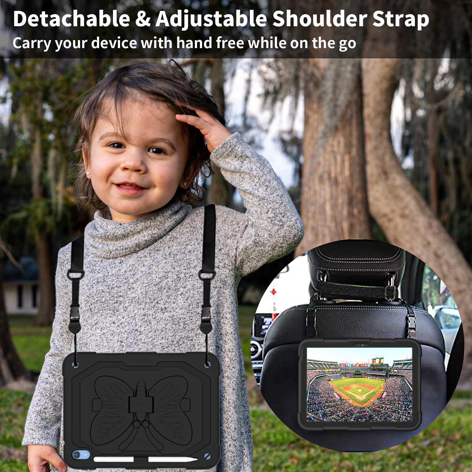 iPad 10th Generation 10.9 Inch 2022 Case with Kickstand Butterfly Wings Pencil Holder, TECH CIRCLE Heavy Duty Hard Rugged Protective Kids Girls Cover for iPad 10th Gen 10.9 Inch 2022,Black