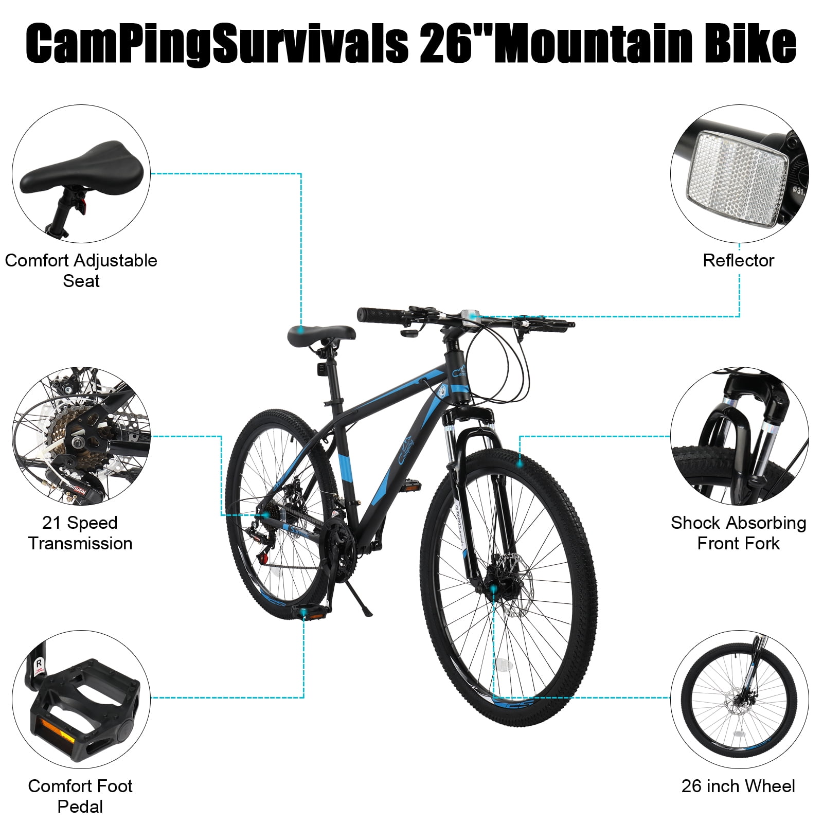 UBesGoo 26 inch Mountain Bike with 21-Speed, Dual Disc Brake, High-Carbon Steel MTB Bicycle, Blue