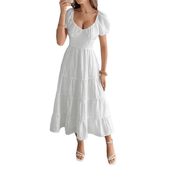 Women's Summer Casual Midi Dress Puffy Short Sleeve V-Neck Smocked Tiered Ruffle Dresses White M