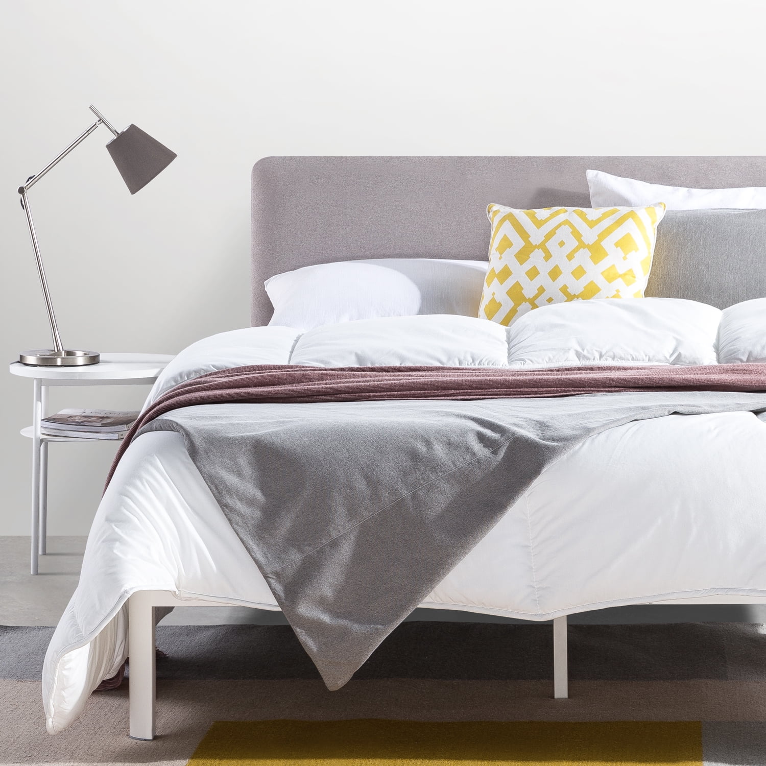 Mellow Kert Metal Platform Bed with Fabric Headboard and Rounded Legs, Oak Grey, King