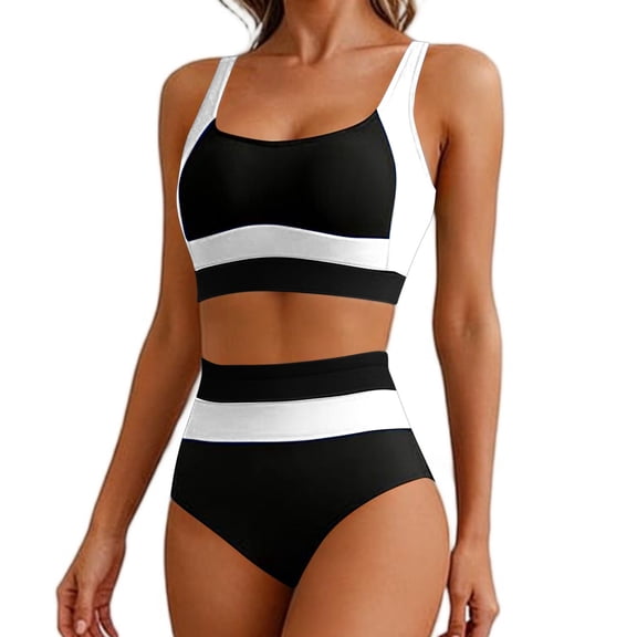 SwiftWear Women's Athletic Full Coverage Bikini Set Adjustable High Waisted Swimsuit Color Block Sport Swimwear