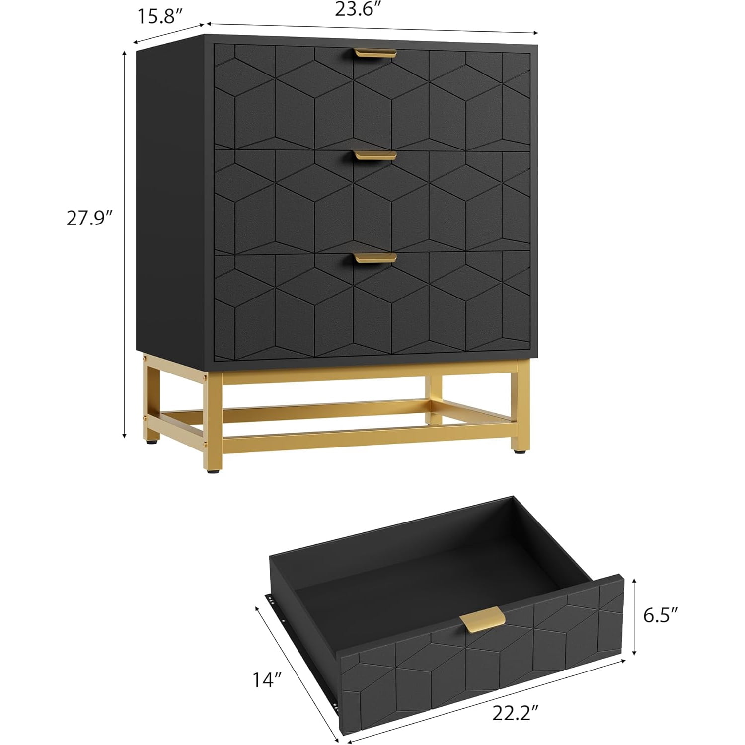 Modern 3-Drawer Dresser with Gold Metal Legs, Black Stylish Storage Chest for Bedroom, Closet or Living Room