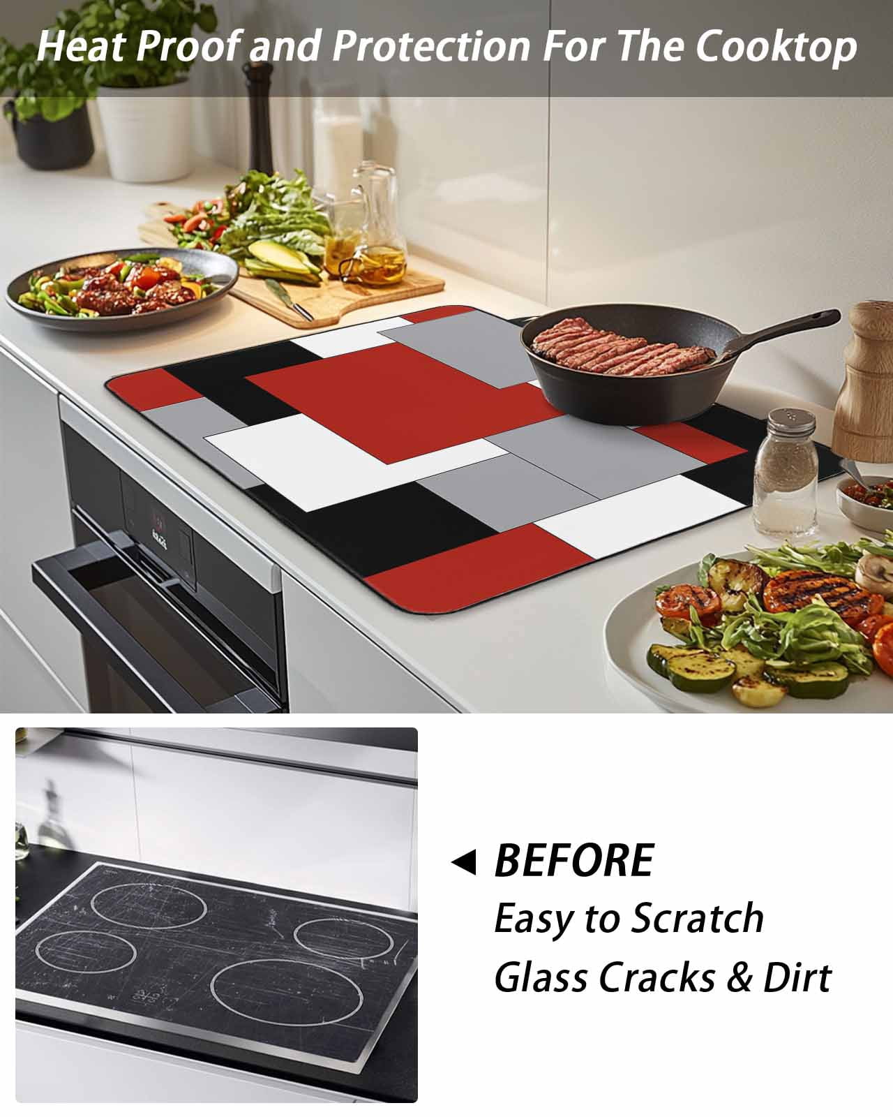 Stove Top Covers for Electric Stove, Red Grey Black Geometric Glass Stovetop Cover Protector, Middle Century Modern Art Abstract Induction Cooktop Protector Oven Mat for Kitchen Countertop 24"x21"