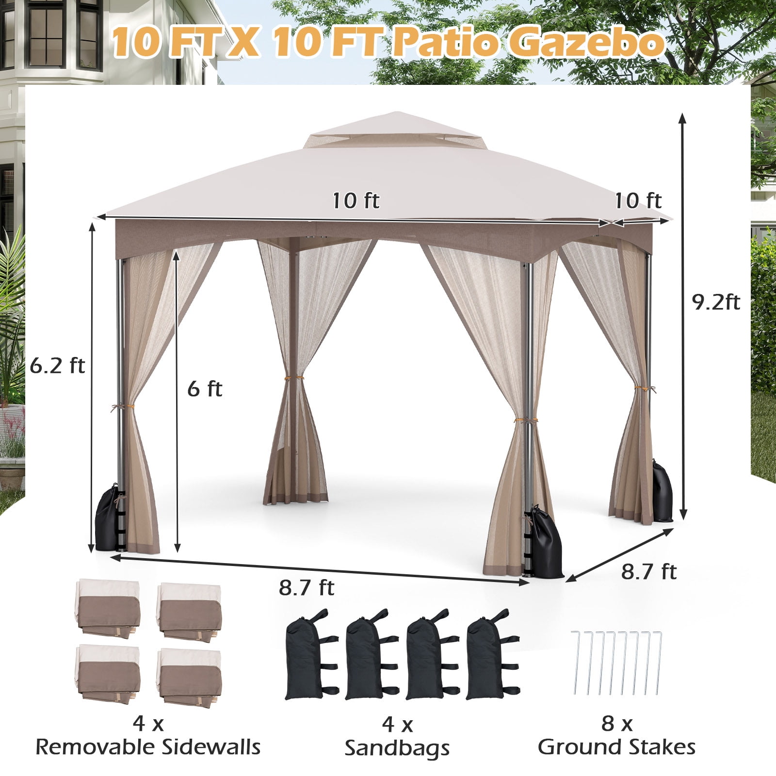 Gymax 10 X 10 FT Patio Gazebo w/ Netting Walls Soft Top Double Roof Canopy w/ 4 Sandbags Outdoor Gray