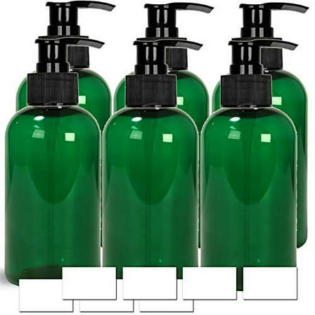 EZProUSA Empty Plastic Pump Bottles Shampoo Conditioner Lotion with Waterproof Labels, Essential Oils Refillable BPA-Free Leak-Proof, 16oz Green, Pack of 6