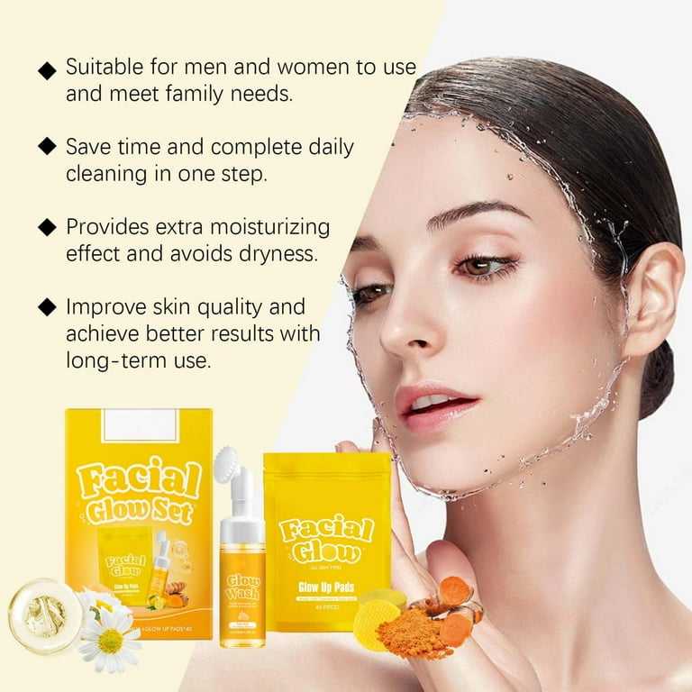 Sugar Baby Turmeric Kojic Pads,Facial Glow+Glow Wash Set Glow Up Pads - Turmeric & Kojic Acid Pads,Kojic Acid and Turmeric Cleansing Pads(4set 5.07FL.OZ/150ML+1 Bag/40 Pieces)from Biweutydys