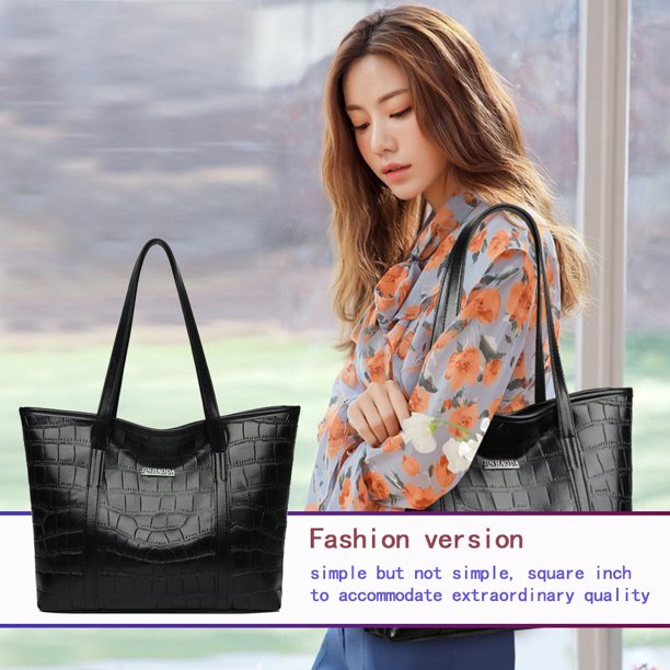 Bolsos de hombro de PU con diseño de piedra vintage para mujer, bolsos de mano grandes (negro)
