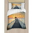 thumbnail image 3 of Nautical Duvet Cover Set Queen Size, Long Exposure Deck Path by the Sea Shorline with Horizon Sunset Landscape, Decorative 3 Piece Bedding Set with 2 Pillow Shams, Pale Blue Orange, by Ambesonne, 3 of 3