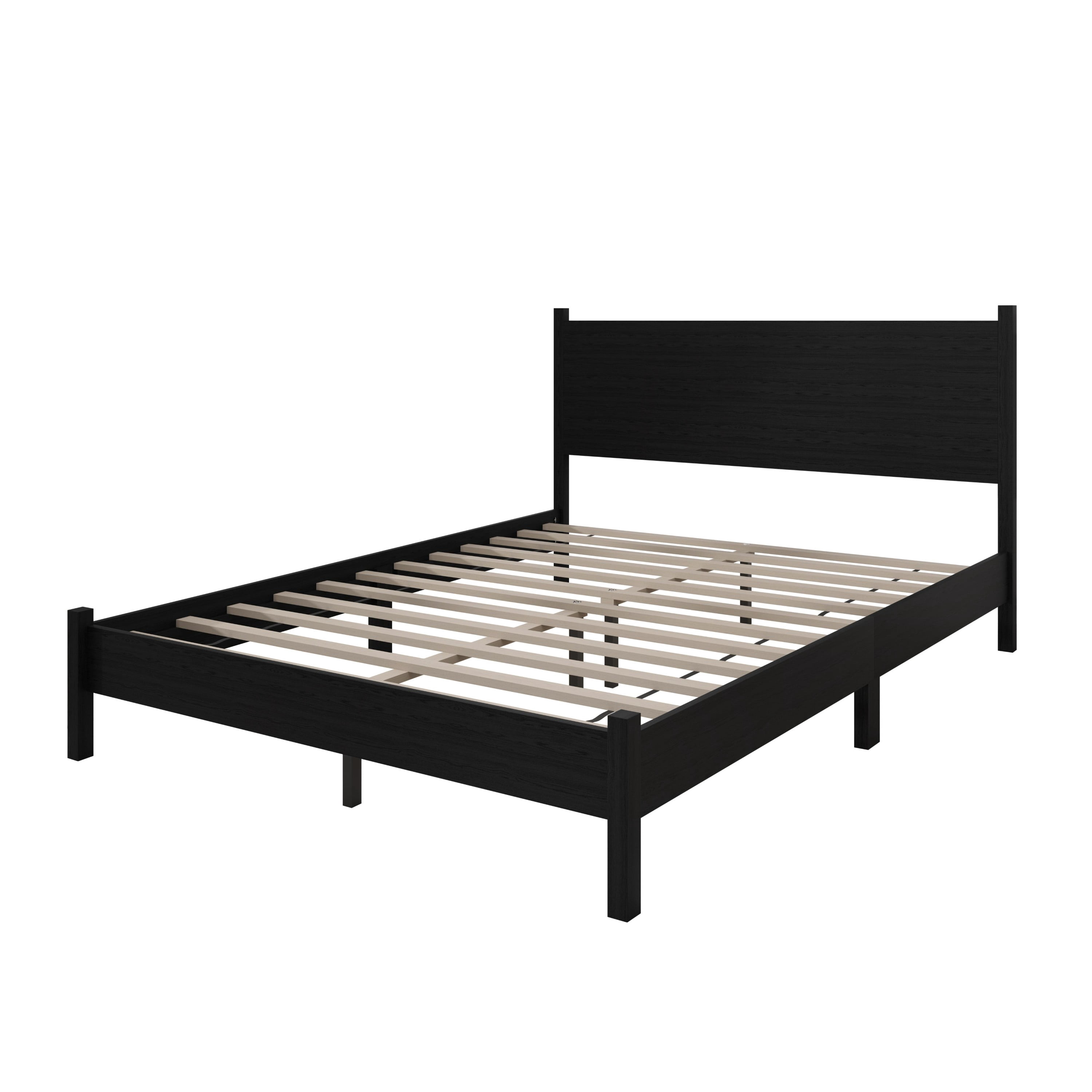 Home Design Branford Full Solid Wood Platform Bed Frame with Panel Headboard and Full Slat Support, Black