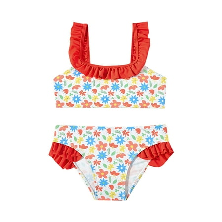 

Toddler Swimsuit Girl Ruffle Butts Size A For 5 Years-6 Years Beach Red Floral Print Summer Holiday Bathing Suits For Girls