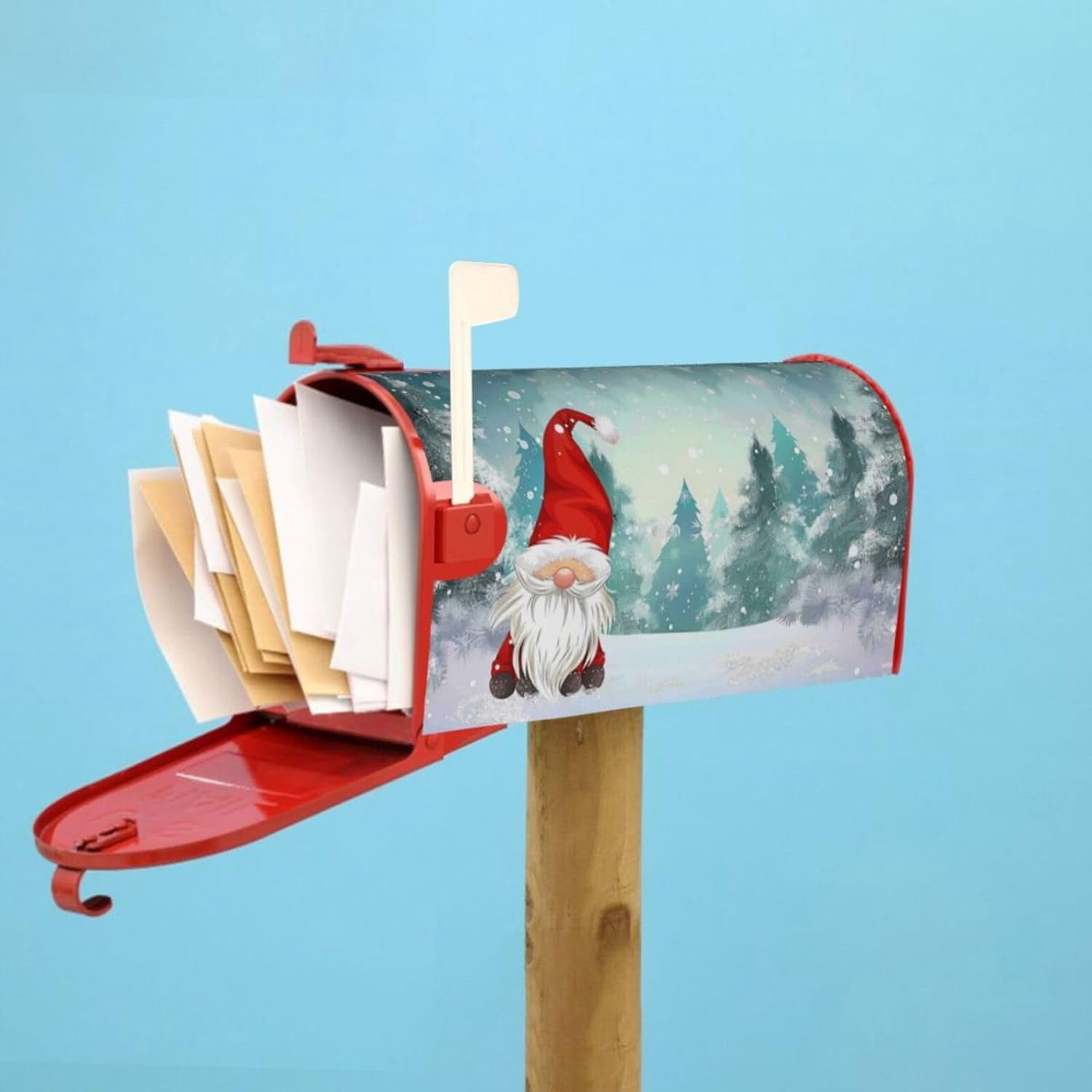 Merry Christmas Gnome Standing Snowfall Mailbox Covers Magnetic Winter Snow Snowflake White World Post Box Cover Wraps Large Size 25.5x21 in Inches for Garden Yard Décor