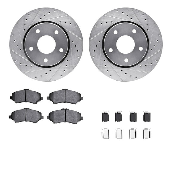 Dynamic Friction Company Front Brake Rotors-Drilled and Slotted-Silver with 5000 Euro Ceramic Brake Pads includes Hardware 7612-40000