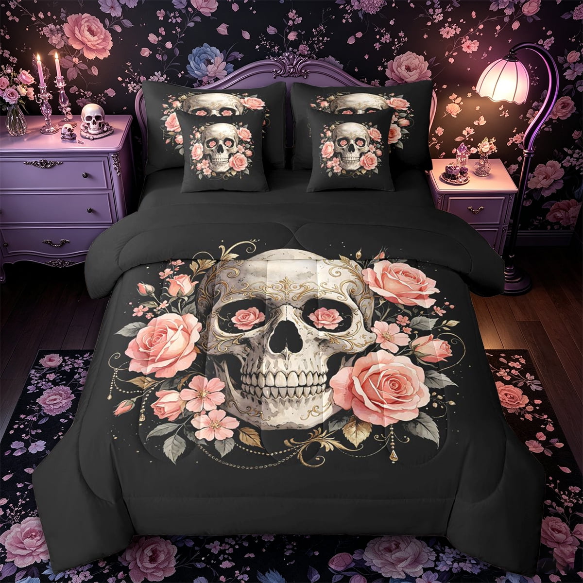 Castle Fairy Boho Ornate Skull 7-Piece Twin Bedding Spooky Floral Rose Bedding Comforter Set Blush Black Black Reversible