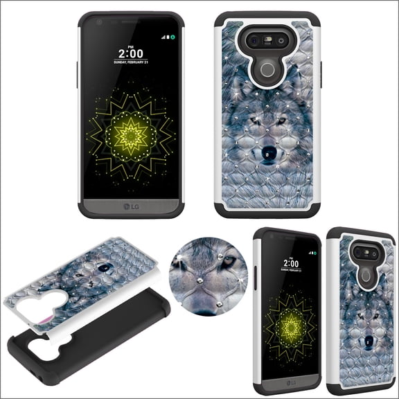 Hybrid Snow Wolf Crystal Diamond for LG G5 Ultra Shock Proof Lightweight Case Drop Protective TPU+PC Bling Case Shock Absorb Enhanced Bumper Dual Layer Designer Rhineston Shield