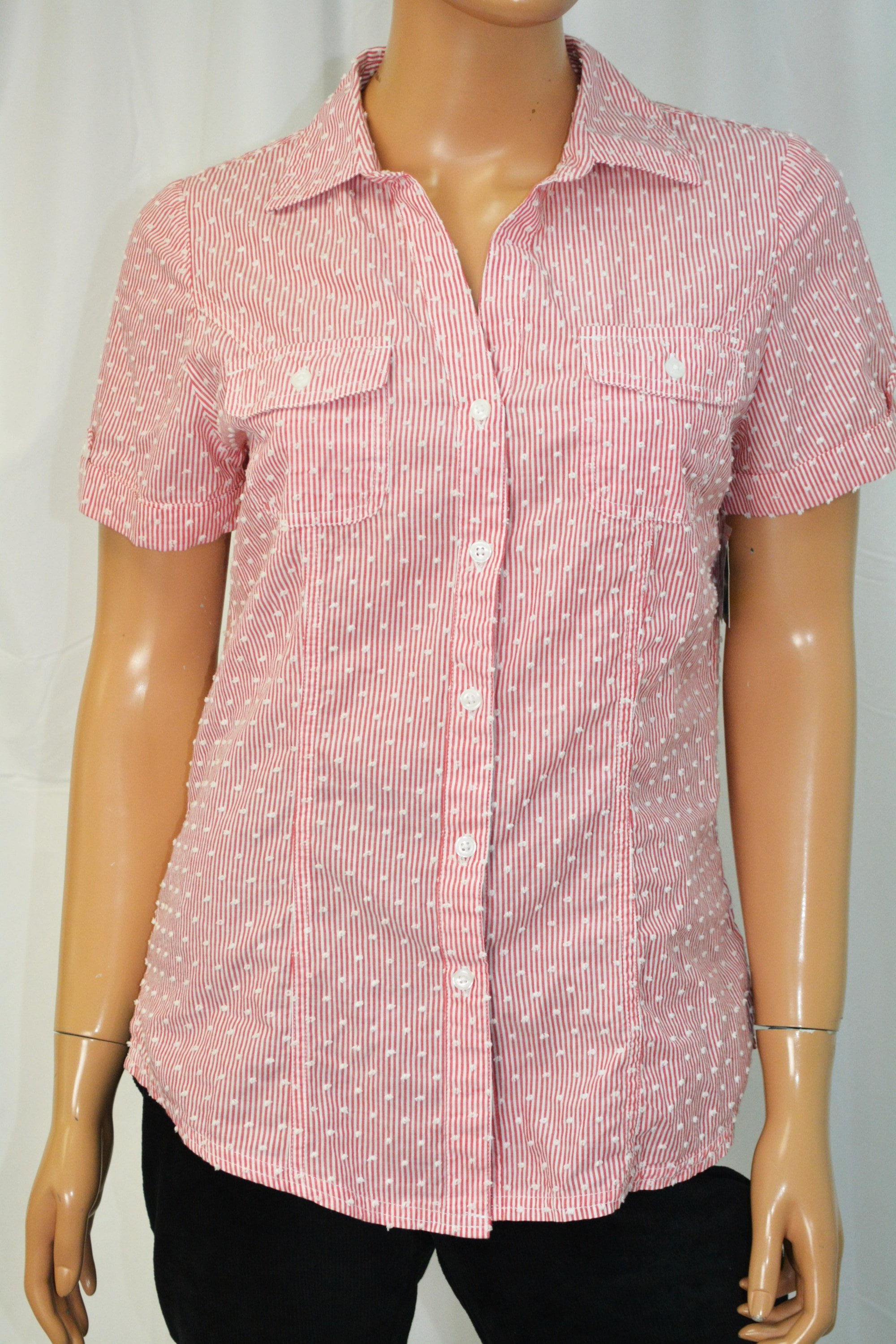 Karen Scott Women Cotton Red Striped Button Down Shirt Top Petite PM