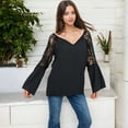 thumbnail image 3 of Women's Lace Detail V-Neck Blouse with Bell Sleeves- Large, Black, 3 of 7