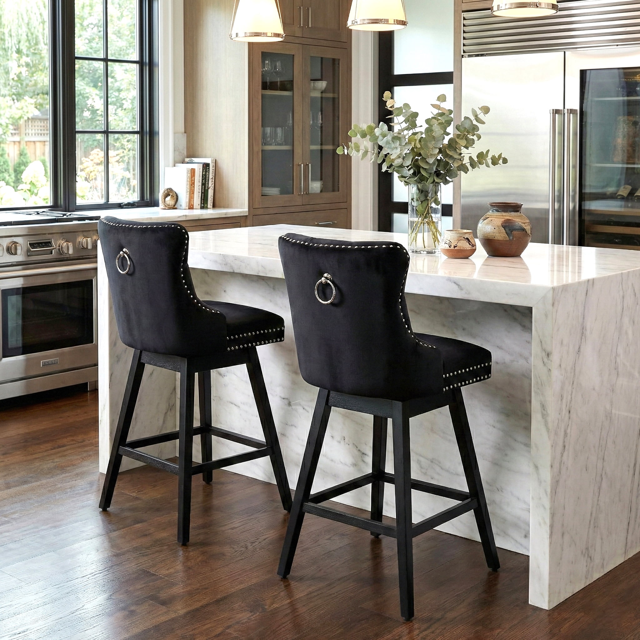 TEWLOSS 30" Swivel Bar Stools Set of 2, Black Velvet Bar Height Chairs with Back for Home Pub