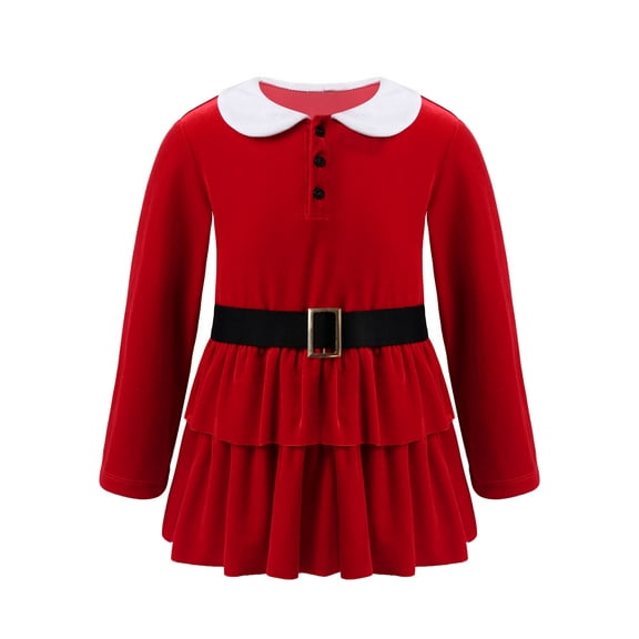 DPOIS Kids Girls Christmas Costume Long Sleeve Layered A-line Velvet Red Dress Red 4
