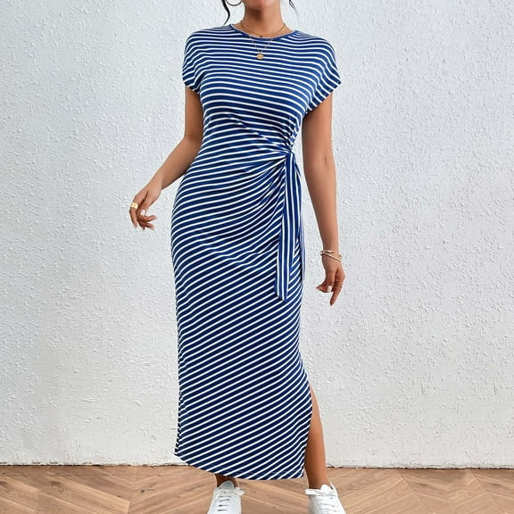 Womens Summer Dresses Sleeveless Ndbuld Women's Striped Long Skirt Short Sleeved Slim Waist Slit Round Neck Dress Blue S