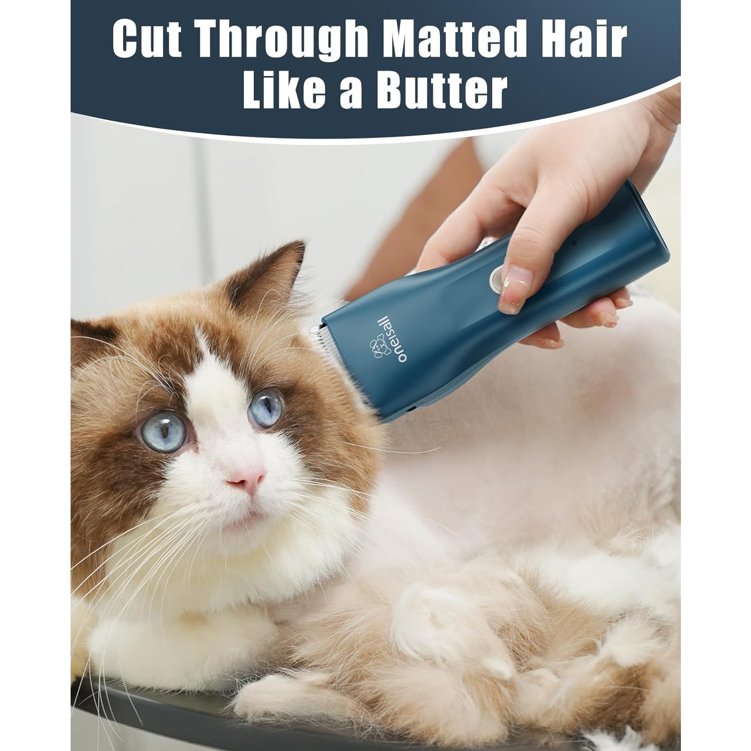 Oneisall LGL006 Cat Grooming Clippers, Cordless Quiet Cat Clippers for Cat Matted Hair, IPX7 Waterproof Small Pet Hair Clippers with 2 Guide Combs & Storage Bag, Pet Shaver for Grooming - Navy Blue