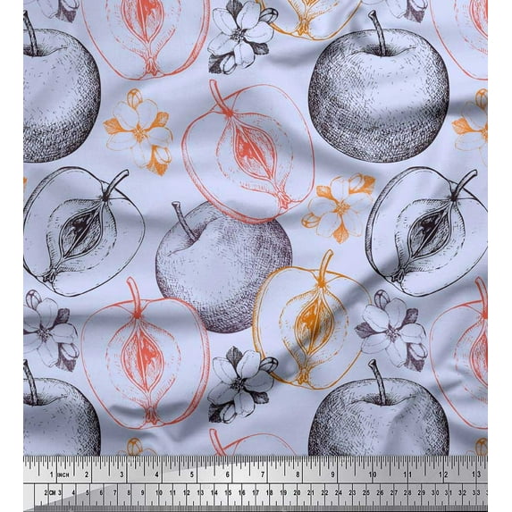 Soimoi Cotton Voile Fabric Floral & Sketch Fruits Print Fabric by Yard 56 Inch Wide