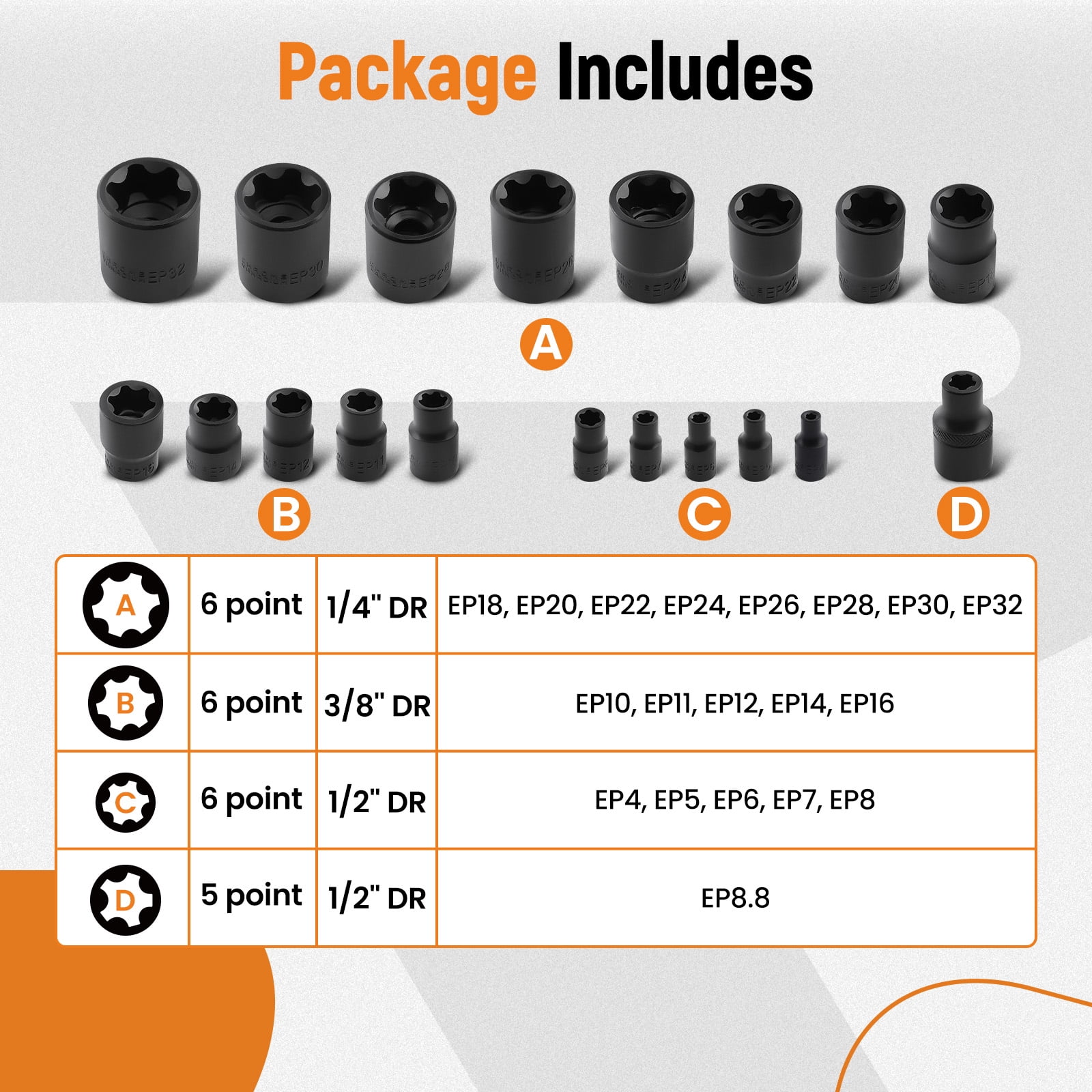 maXpeedingrods 19PCS External Torx Plus Socket Set, 6 Point EP Socket EP4 - EP32 with 1/2'' 3/8'' 1/4'' Drive, 5 Point EP Socket 1/2'' EP8.8 Dr E-Torx Plus Set, External Torx Star Drive Socket Set