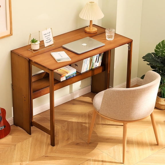GVN Foldable Writing Desk with Bamboo Top & Storage Shelf, Compact Study Table for Student Bedroom, 47 Inch, Brown