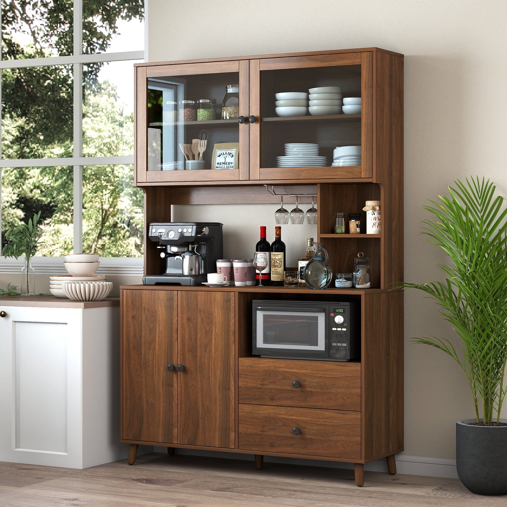 Mintazer 67" Tall Kitchen Pantry Cabinet, Large Storage Cupboard with Microwave Shelf & Drawers Sideboard for Dining Room,Kitchen,Walnut