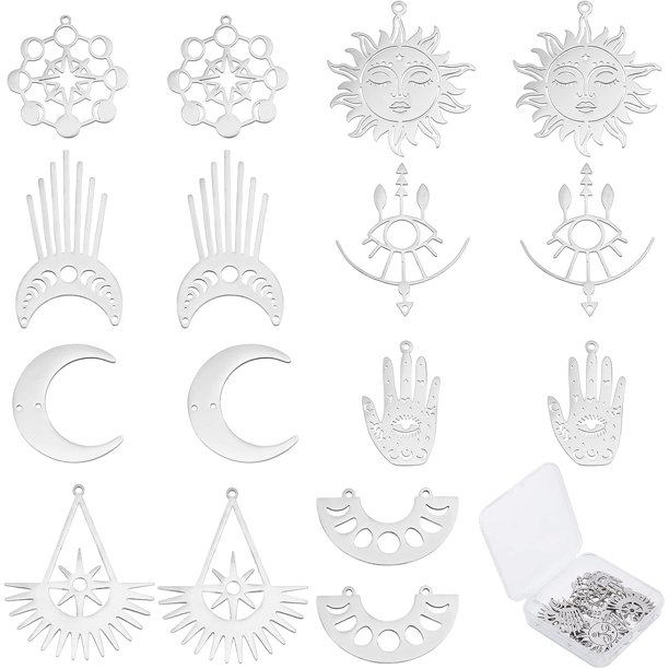 1 caja de 16 amuletos de acero inoxidable de 8 estilos, estilo Tarot, mano de Fátima, amuleto de la suerte, sol y luna.