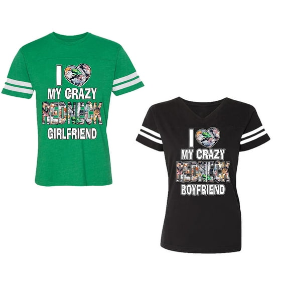I Love My Crazy GF BF Unisex Couple Matching Cotton Jersey style T-Shirt Contrasting stripes on sleeves (Men Green / Women Black) (Men S / Women S)