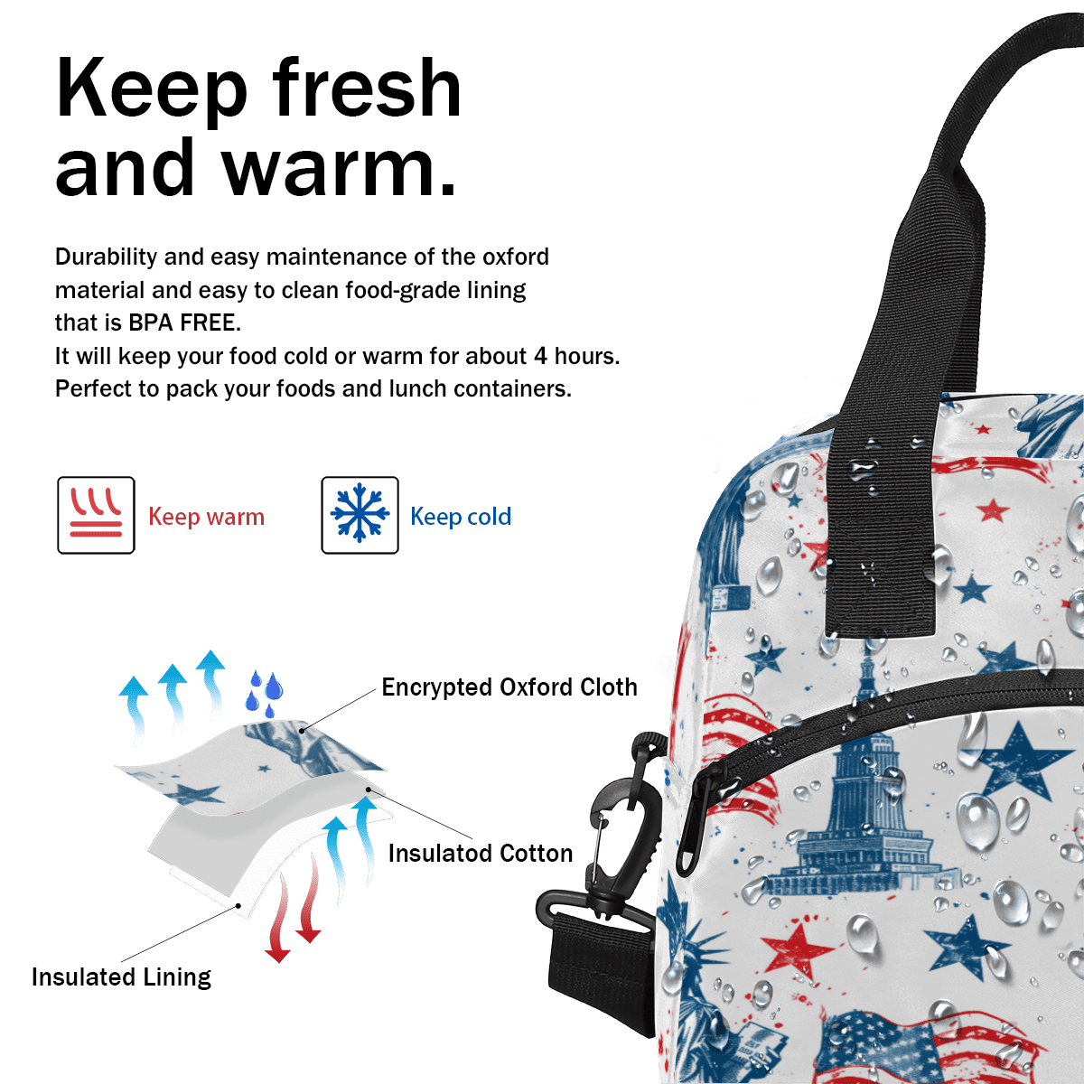 Herdesigns American Flag Insulated Lunch Bag for Women Men Adults Large Reusable Lunch Box Statue of Liberty Leakproof Cooler Tote Bags with Adjustable Shoulder Strap