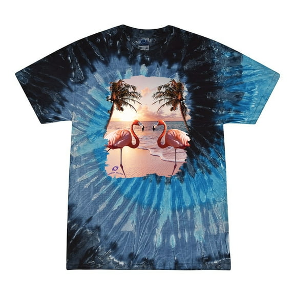 Wild Bobby, Flamingos in Summer on Beach, Animal Lover, Tie-Dye Tees, Evening Sky, Small