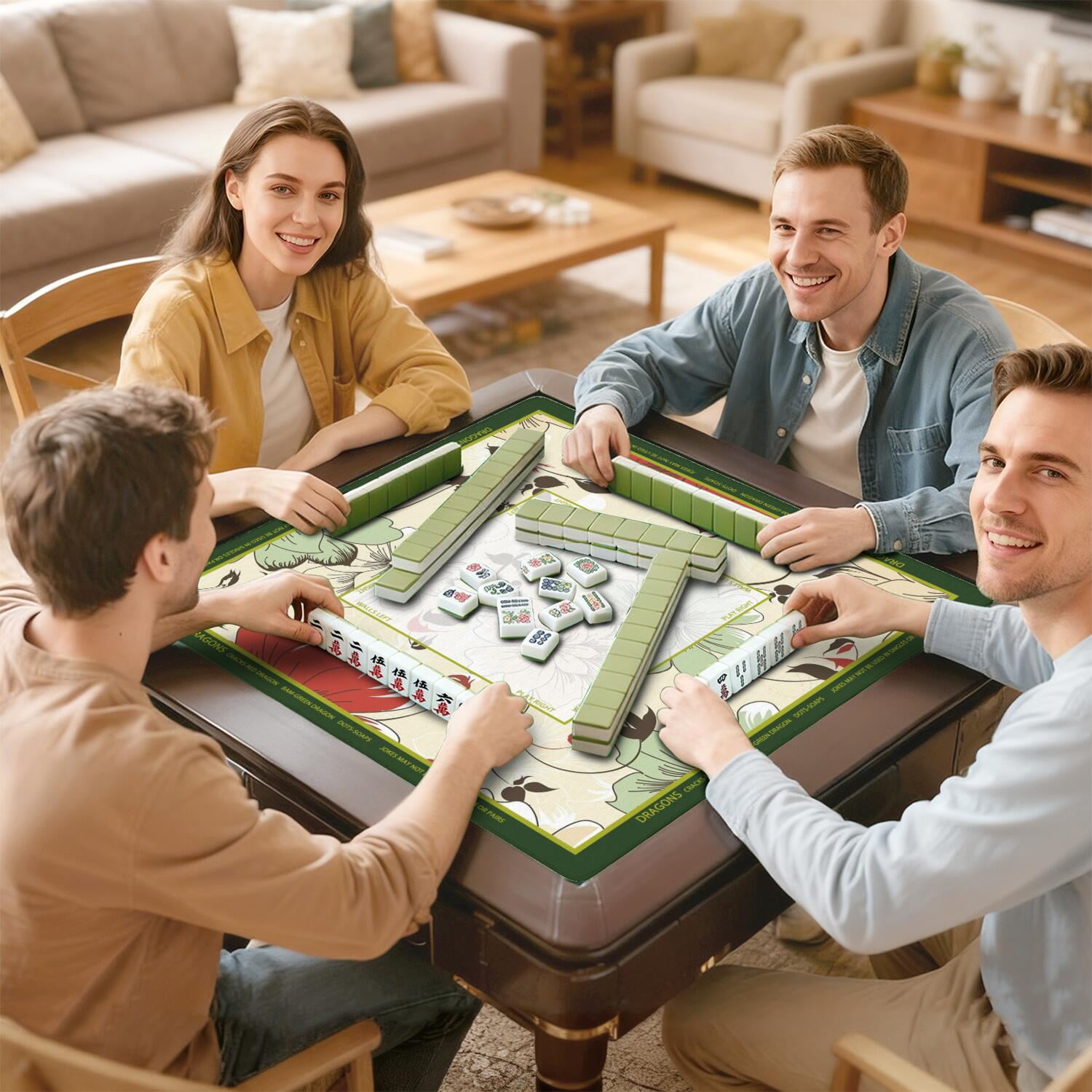 Floral Mahjong Mat with Rules, 31.5*31.5in Anti Slip American Mahjong Mat for Table, Noise Reduction, Neoprene Mah jongg Mats with Carrying Bag & 3 Dices, Mahjong Set Gift, Board Tile Games Mats
