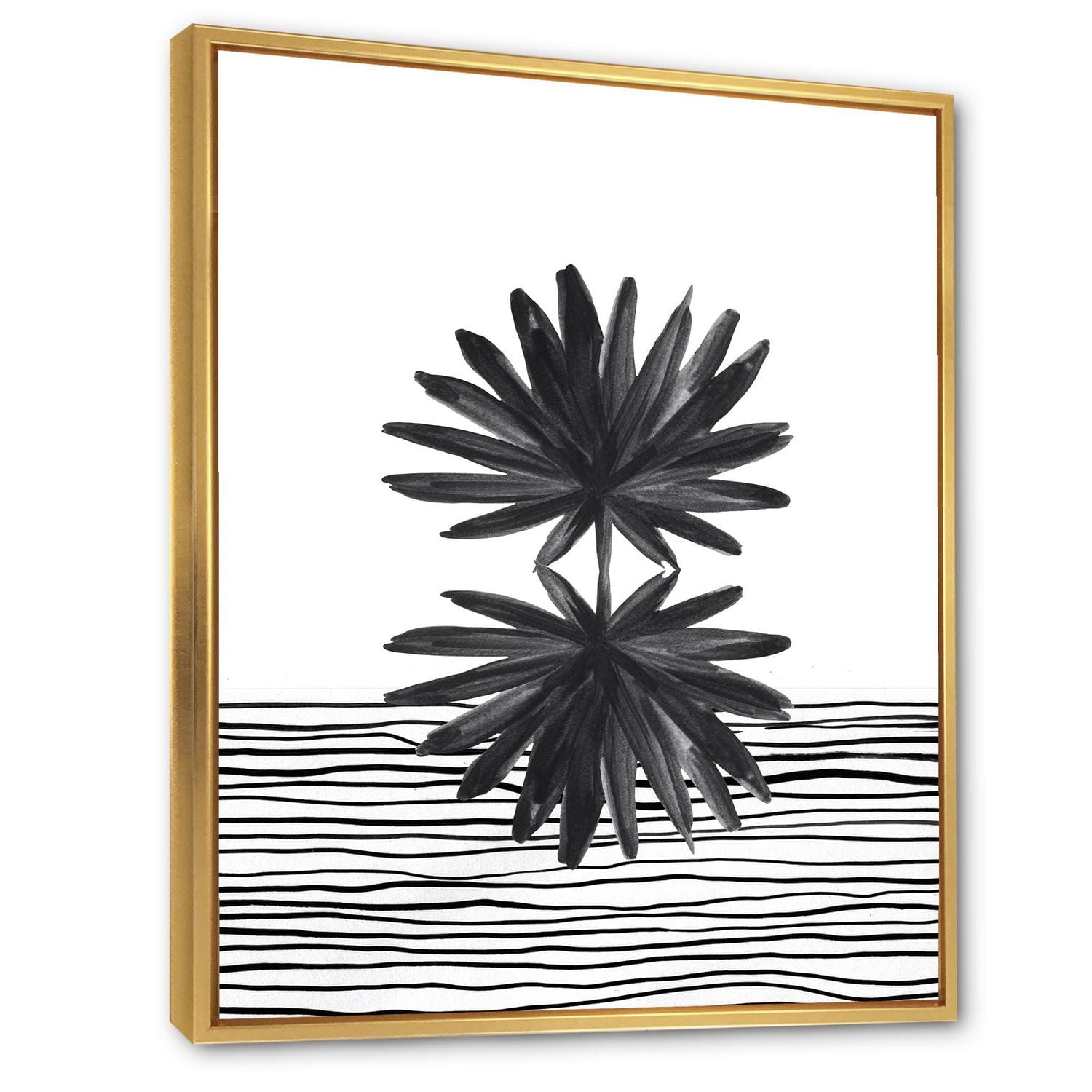 Designart Black and White Tropical Leaf On Striped II FLOAT FRAME WALL ART