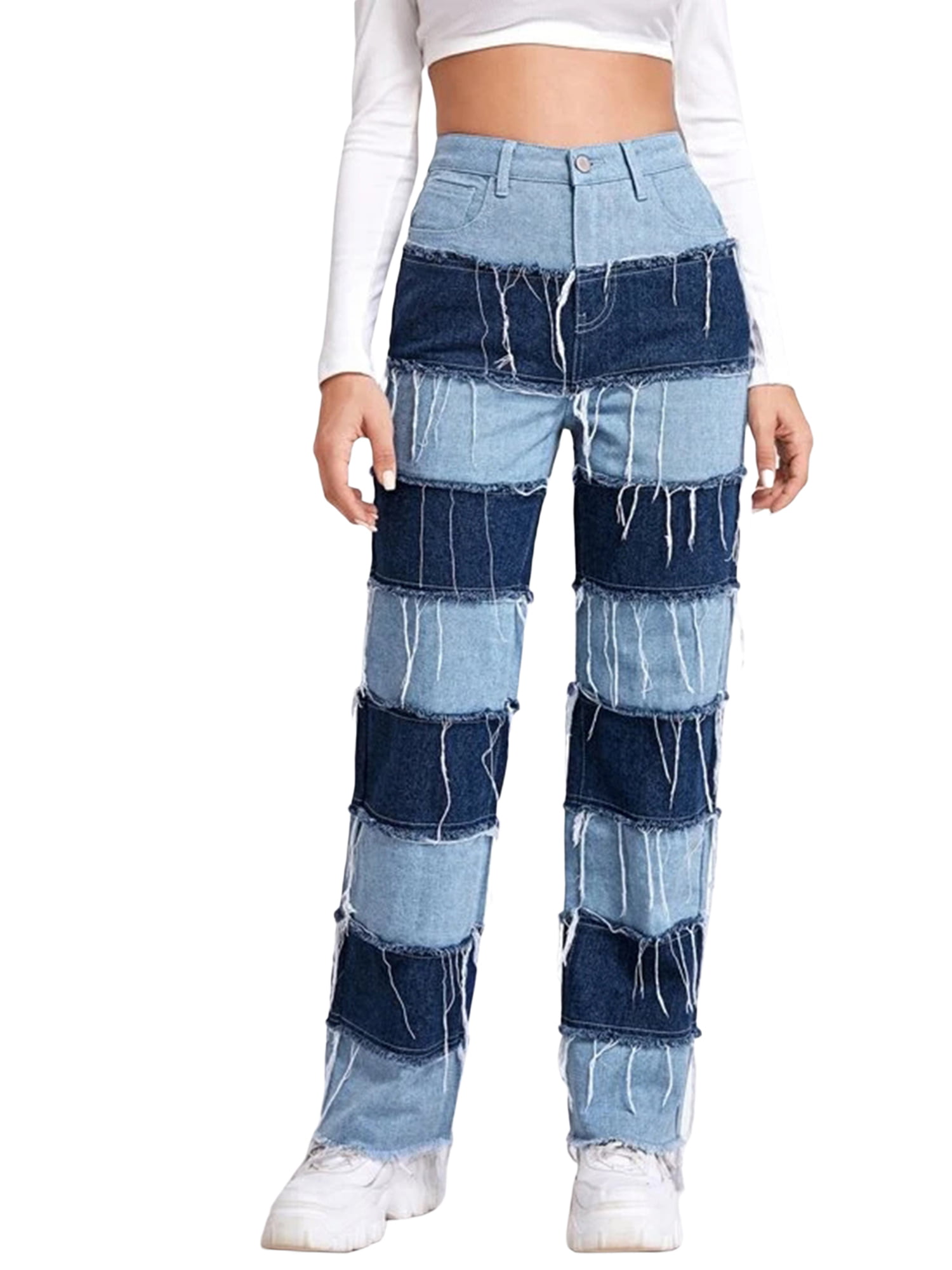 Womens Patchwork Pants Hight Waist Distressed Straight Denim Jeans Fashion A-line Vintage Pencil Trousers
