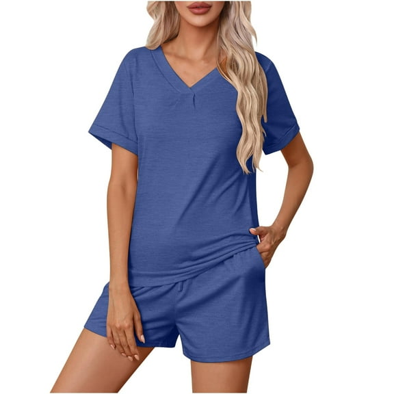 Scyoekwg Two Piece Outfits for Women Summer Short Sleeve V-Neck Tops Shorts Solid Color Trendy Tracksuit Casual Loose Pajama Sets (Blue,XXL)