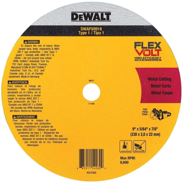 Disco de corte DEWALT Flexvolt T1 de 9 pulgadas para corte de metales