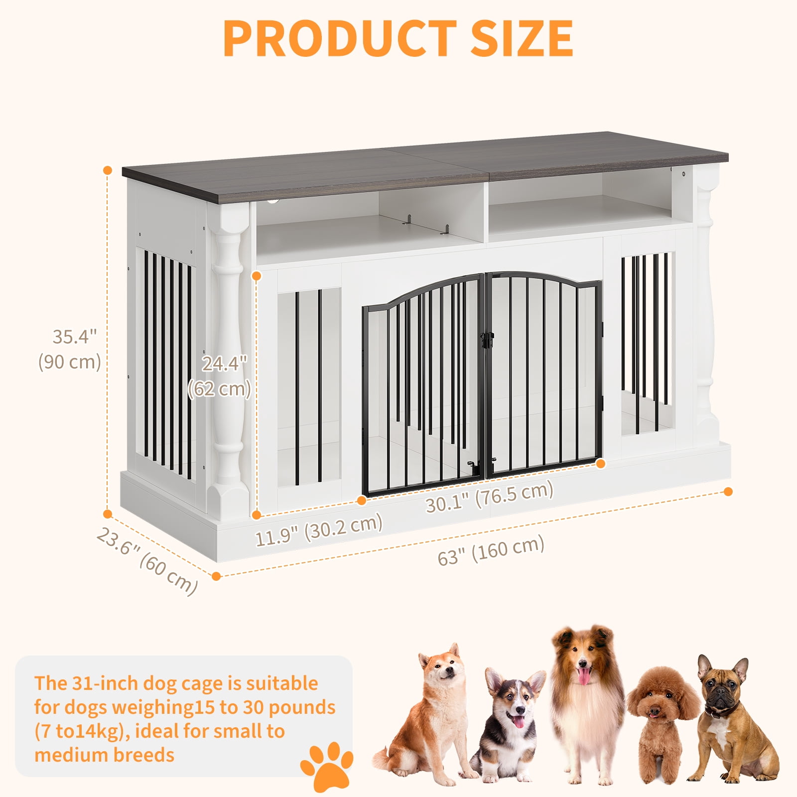 Heavy Duty Double Dog Crate Furniture for 2 Small & Medium Dogs - 63" Roman Column Wooden Kennel with Semi-Open Storage, TV Stand Table, Double Sliding Barn Doors - Natural Wood Finish